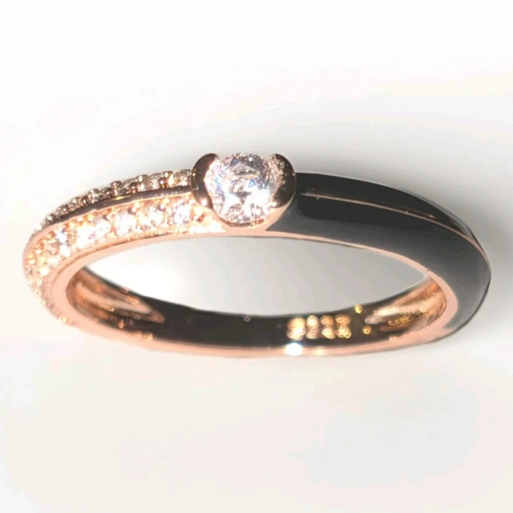 Women's 925 Sterling Silver Pavé BlackGolden Dual Cubic Zirconia Dainty Ring Sz6